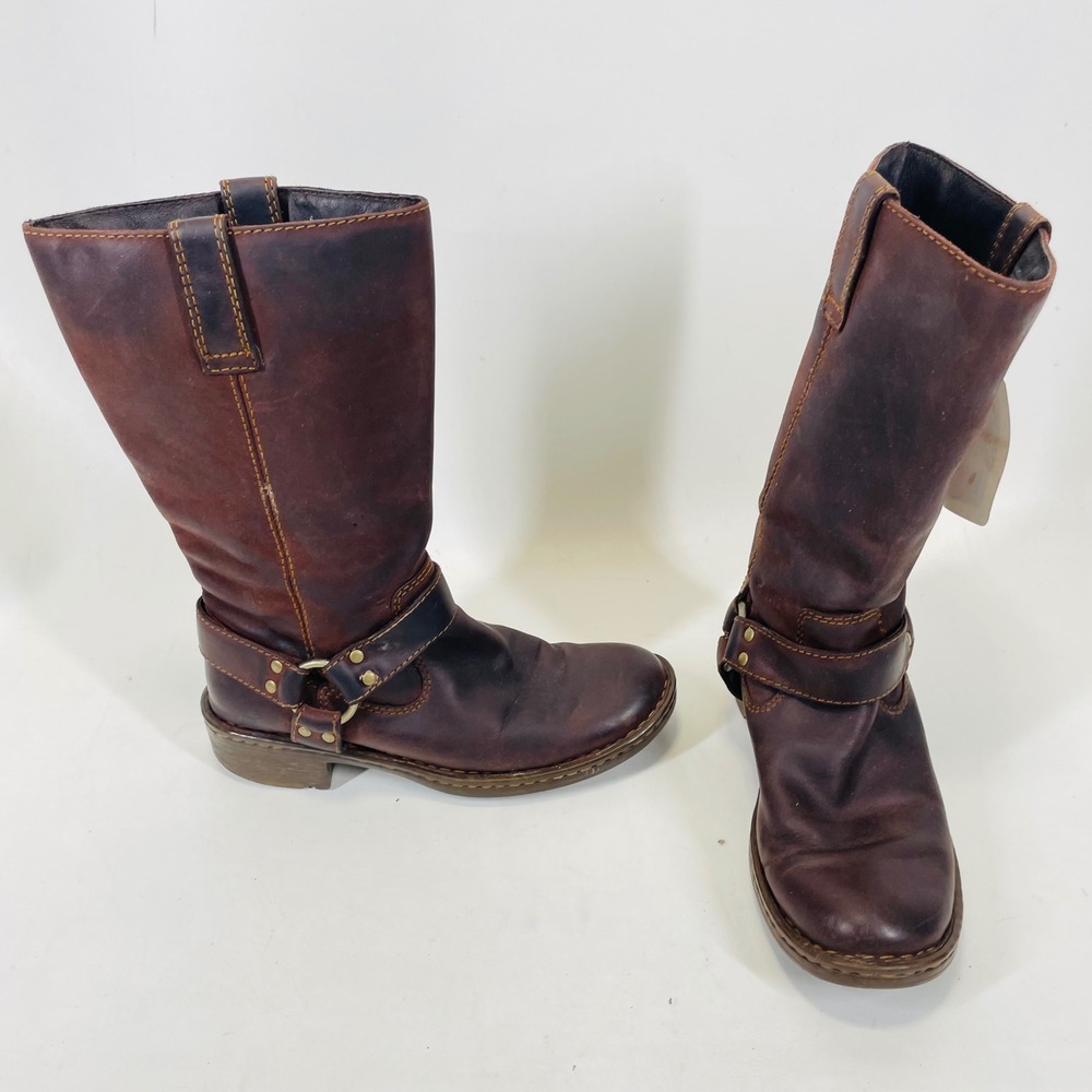 Born Womens Brown Leather Harness Moto Boots M/WW81670CK H9 Size 6.5 EU 37